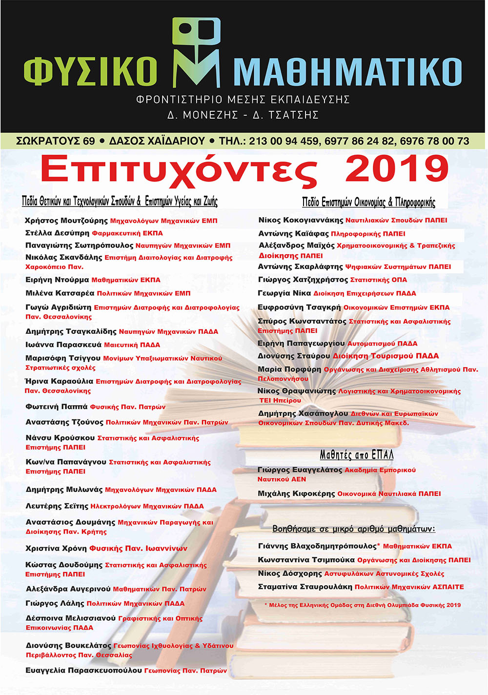 Φυσικομαθηματικό Φροντιστήριο - Επιτυχόντες 2019 1