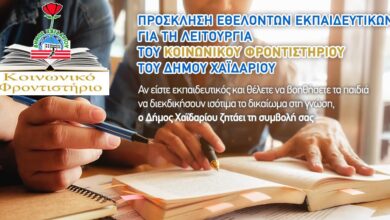 Πρόσκληση εθελοντών εκπαιδευτικών για το Κοινωνικό Φροντιστήριο του Δήμου Χαϊδαρίου 1