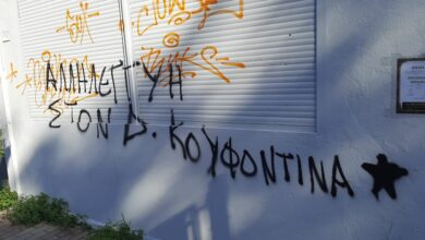 Συνθήματα υπέρ Κουφοντίνα στα γραφεία της ΝΔ Χαϊδαρίου 27